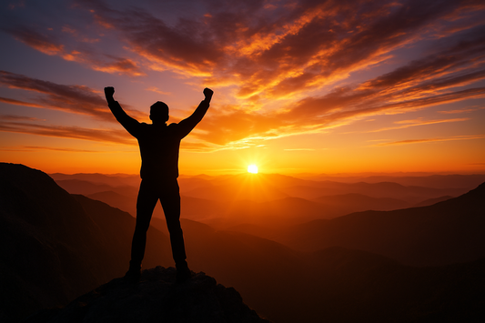 a happy person on a mountain during sunset