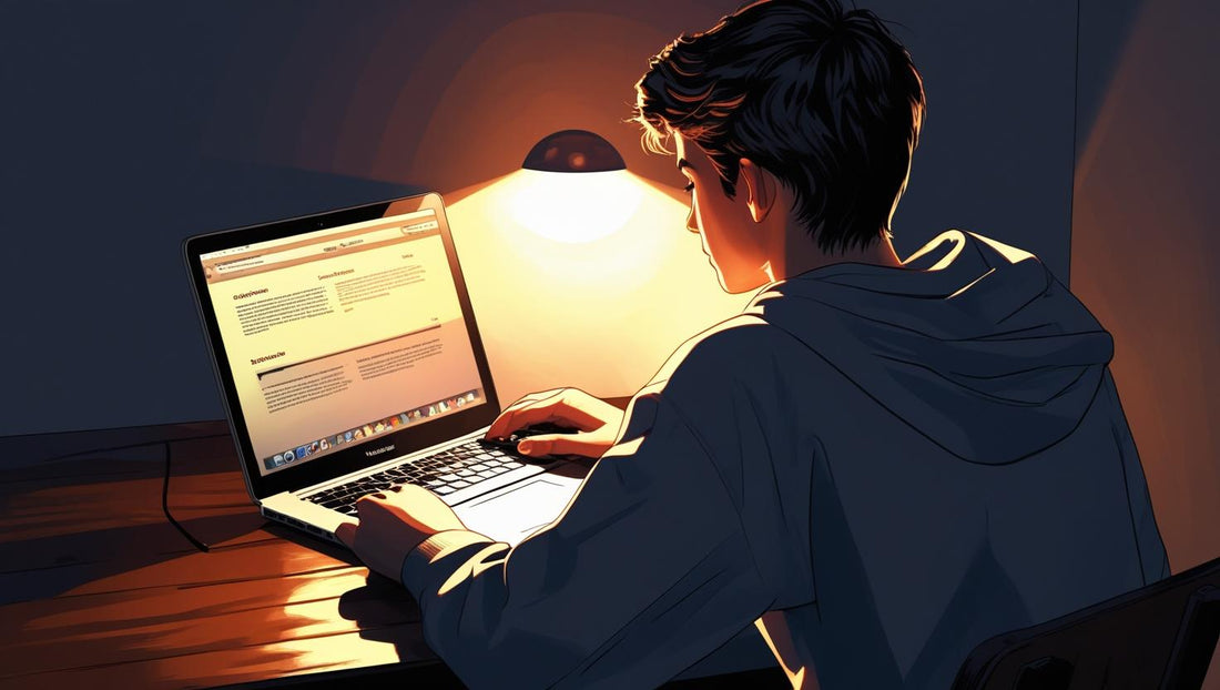 teen studying for his best self in the dark with his macbook on his desk back view
