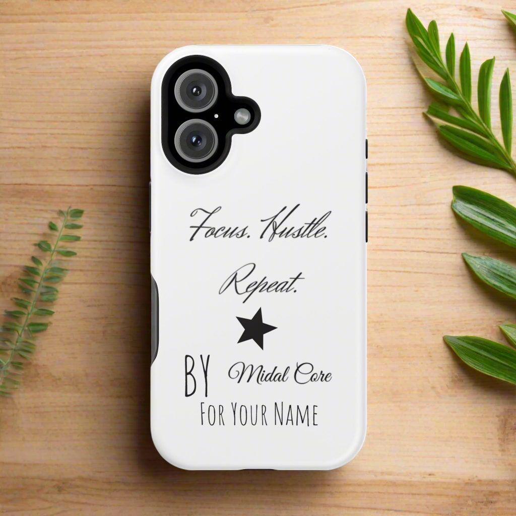 Front View of a motivational phone case posed on a wooden table for the iPhone 16 made by Midal Core