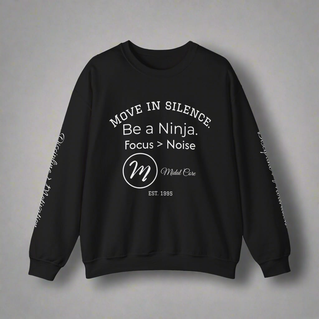Front view of black Midal Core sweatshirt with “Move in Silence” quote