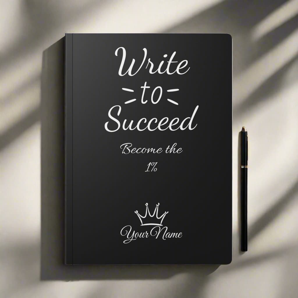 an inspirational notebook posed on a table with a pen next to it by midal core