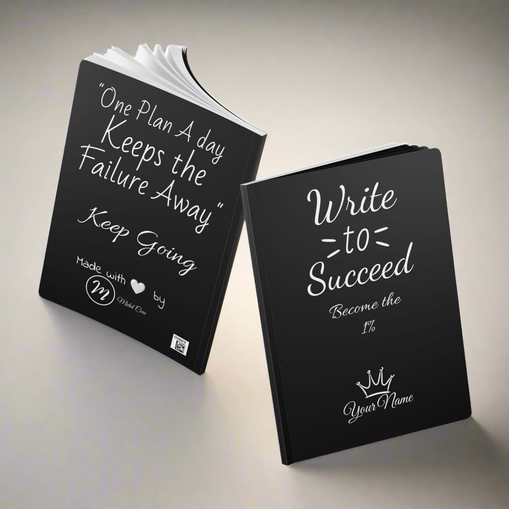 Visual studio mockup of the back and the front of an inspirational notebook made by Midal Core