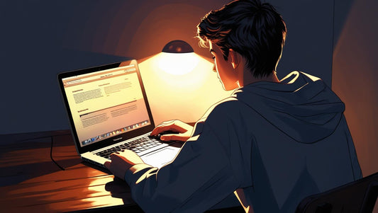 teen studying for his best self in the dark with his macbook on his desk back view