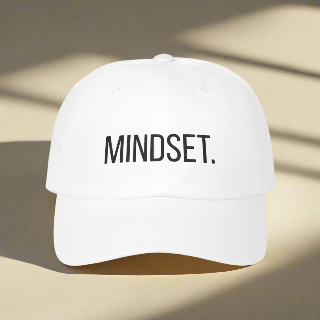 Front picture of an inpirational cap with the word "MINDSET" on it.