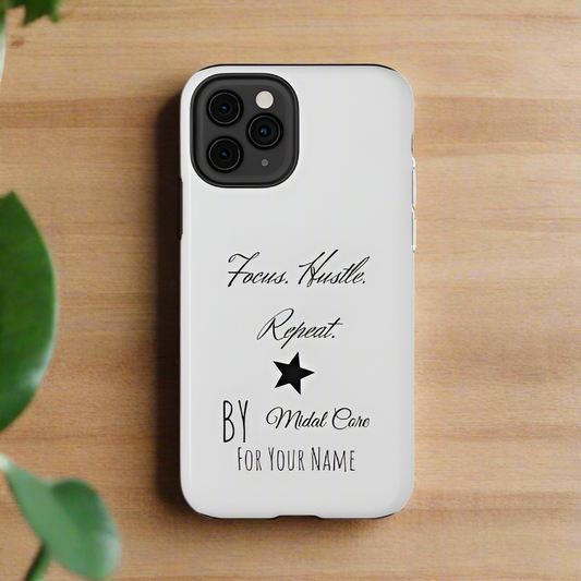 Front View of a motivational phone case posed on a wooden table for the iPhone 11 pro max made by Midal Core