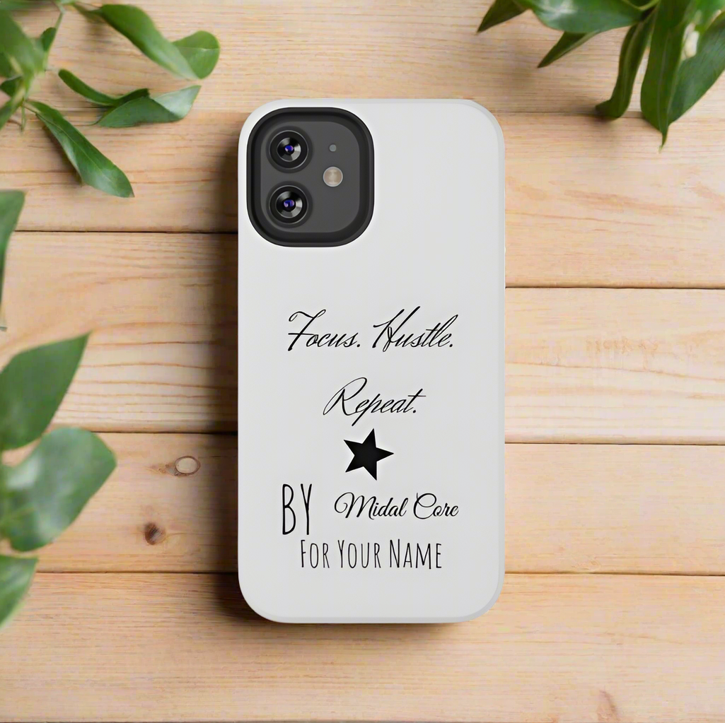 Front View of a motivational phone case posed on a wooden table for the iPhone 12 mini made by Midal Core