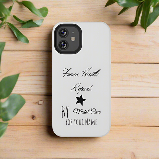 Front View of a motivational phone case posed on a wooden table for the iPhone 12 mini made by Midal Core