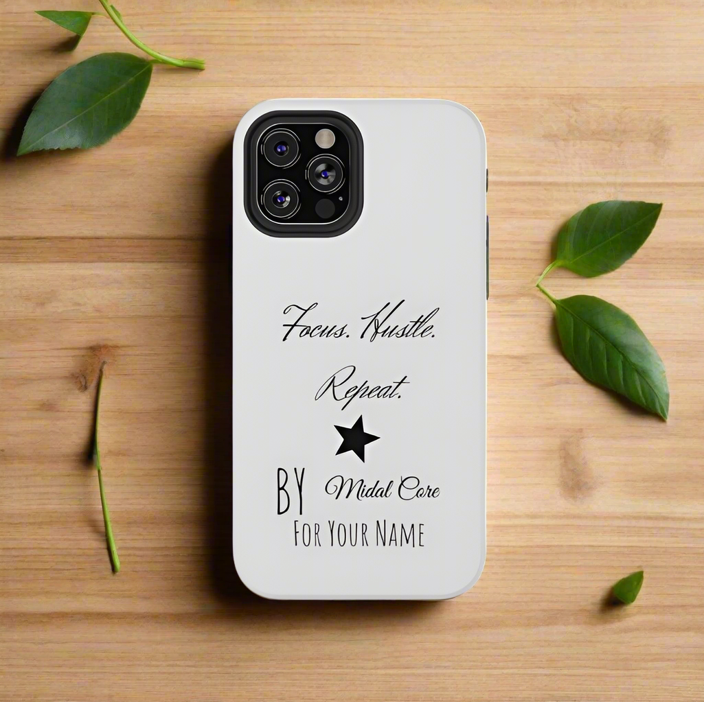 Front View of a motivational phone case posed on a wooden table for the iPhone 12 pro made by Midal Core
