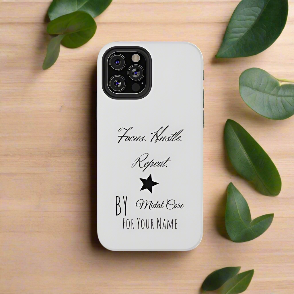 Front View of a motivational phone case posed on a wooden table for the iPhone 12 pro max made by Midal Core