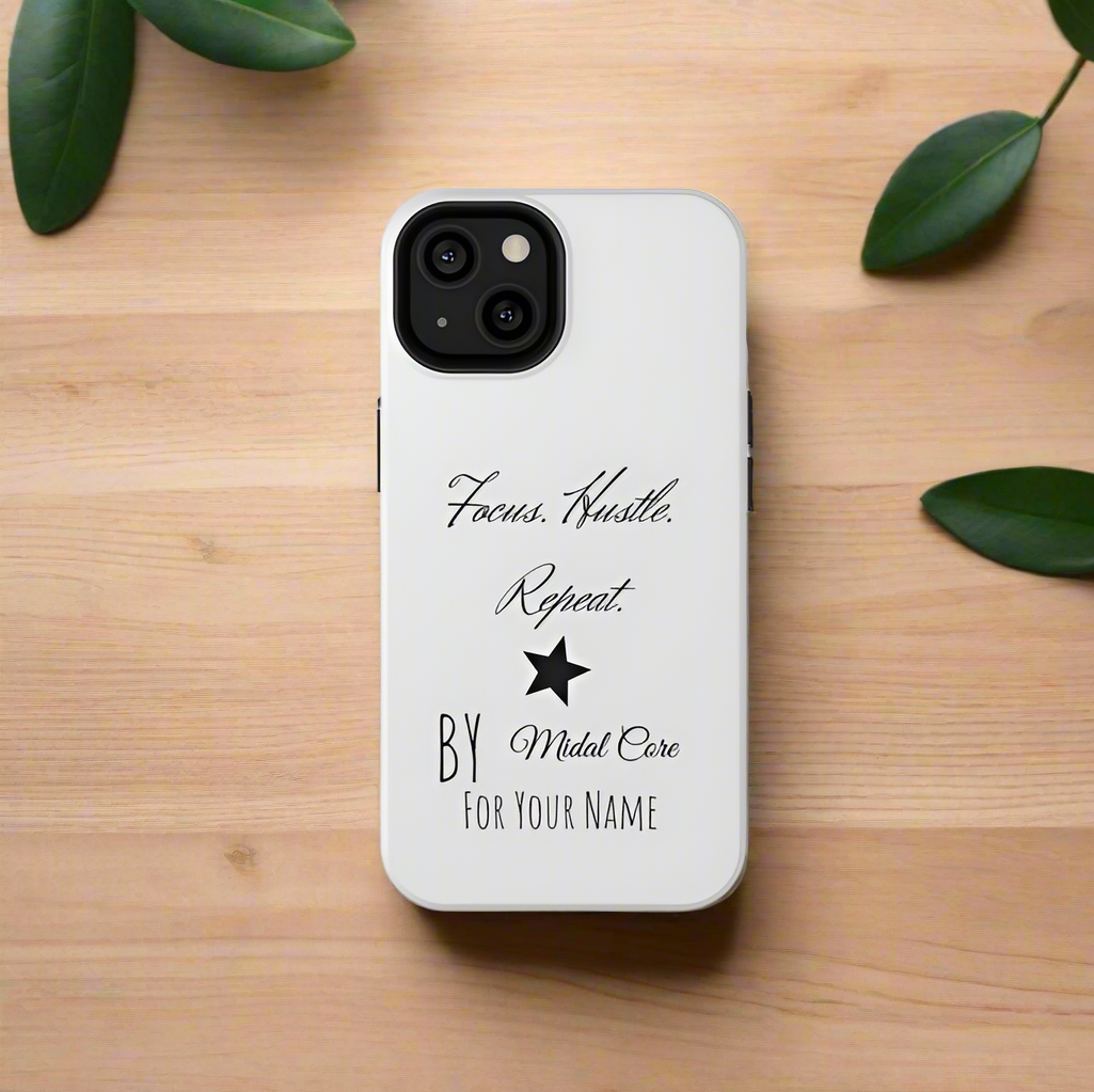 Front View of a motivational phone case posed on a wooden table for the iPhone 13 made by Midal Core