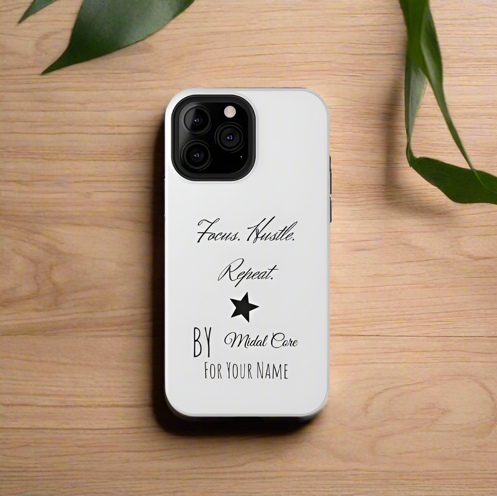 Front View of a motivational phone case posed on a wooden table for the iPhone 13 pro max made by Midal Core