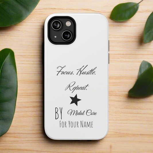 Front View of a motivational phone case posed on a wooden table for the iPhone 14 made by Midal Core