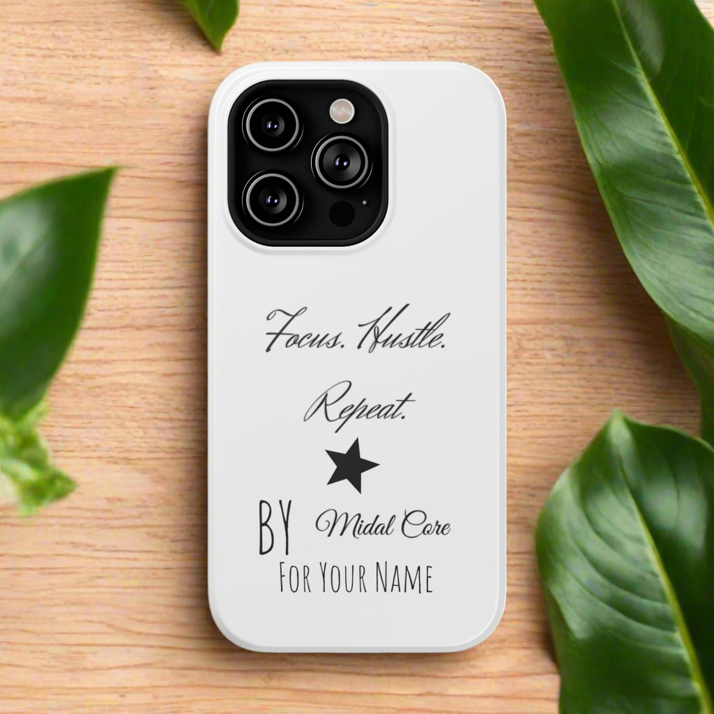Front View of a motivational phone case posed on a wooden table for the iPhone 14 pro made by Midal Core