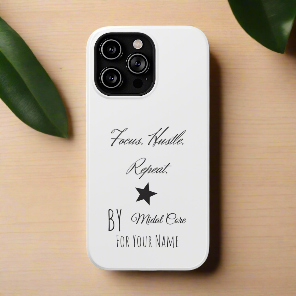 Front View of a motivational phone case posed on a wooden table for the iPhone 14 pro max made by Midal Core