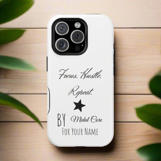 Front View of a motivational phone case posed on a wooden table for the iPhone 16 pro made by Midal Core