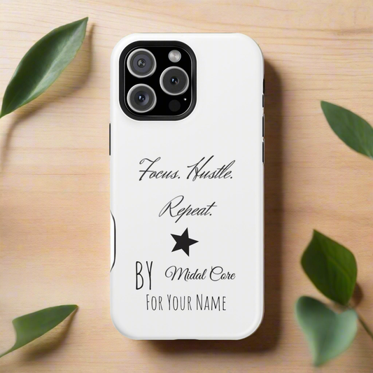 Front View of a motivational phone case posed on a wooden table for the iPhone 16 pro max made by Midal Core