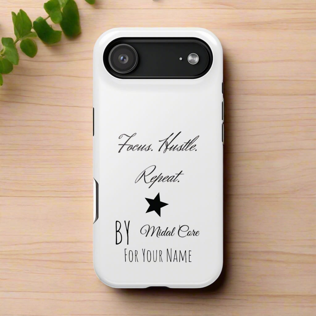 Front View of a motivational phone case posed on a wooden table for the iPhone 17 air made by Midal Core