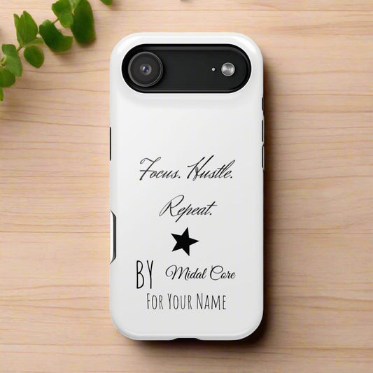 Front View of a motivational phone case posed on a wooden table for the iPhone 17 air made by Midal Core