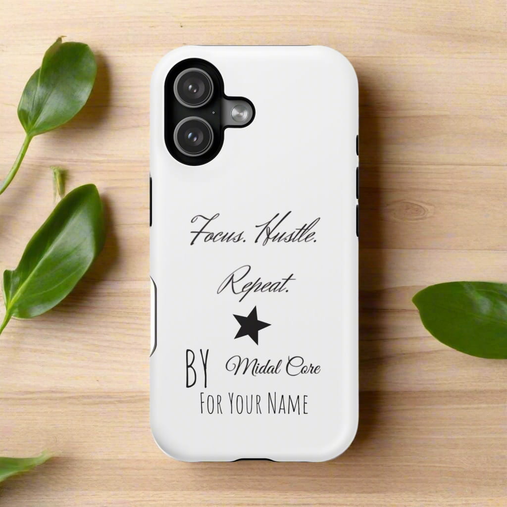Front View of a motivational phone case posed on a wooden table for the iPhone 17 made by Midal Core