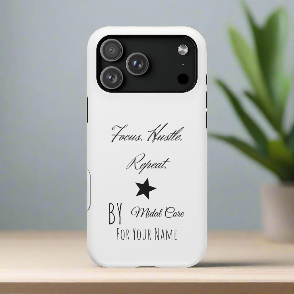 Front View of a motivational phone case posed on a wooden table for the iPhone 17 pro made by Midal Core