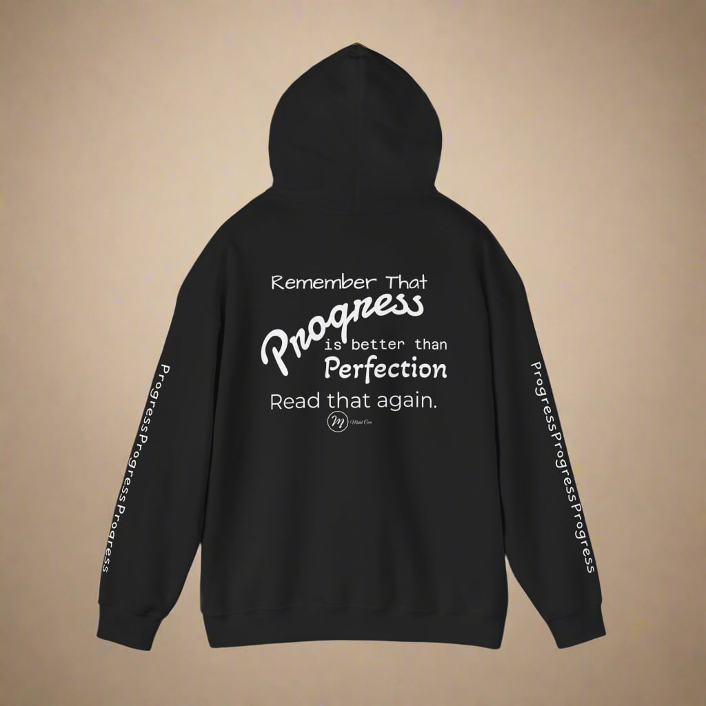 Back view of black Midal Core hoodie with motivational quote