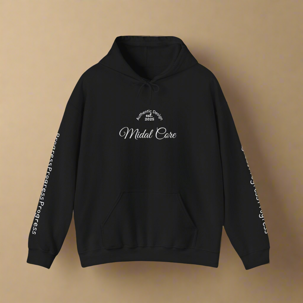Front view of black Midal Core hoodie with “Progress” design