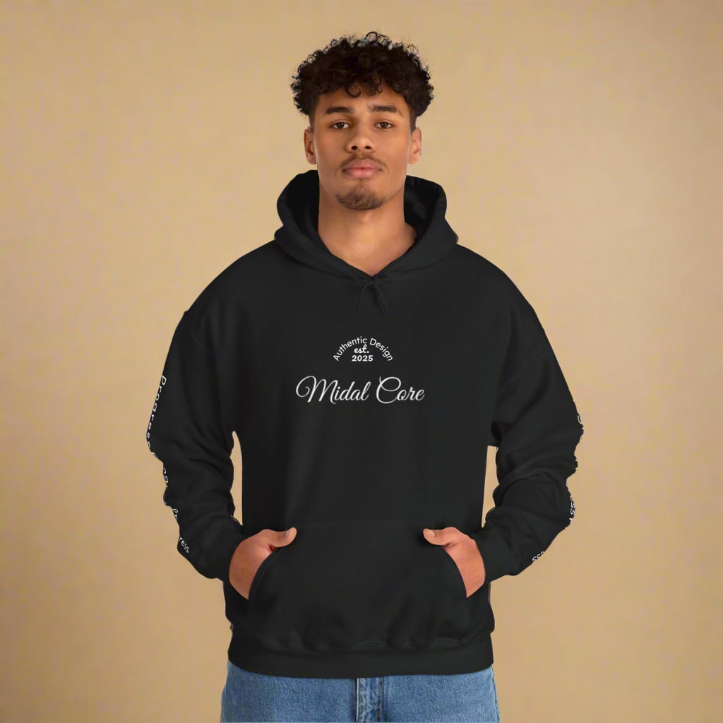 Male model in black Midal Core hoodie – front view