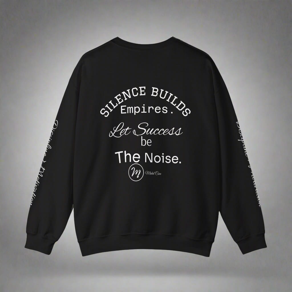 Back design of motivational black sweatshirt by Midal Core