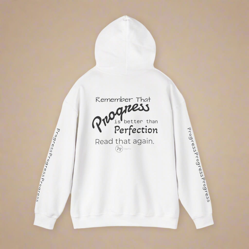 Back view of white Midal Core hoodie with motivational quote