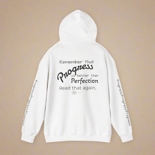 Back view of white Midal Core hoodie with motivational quote