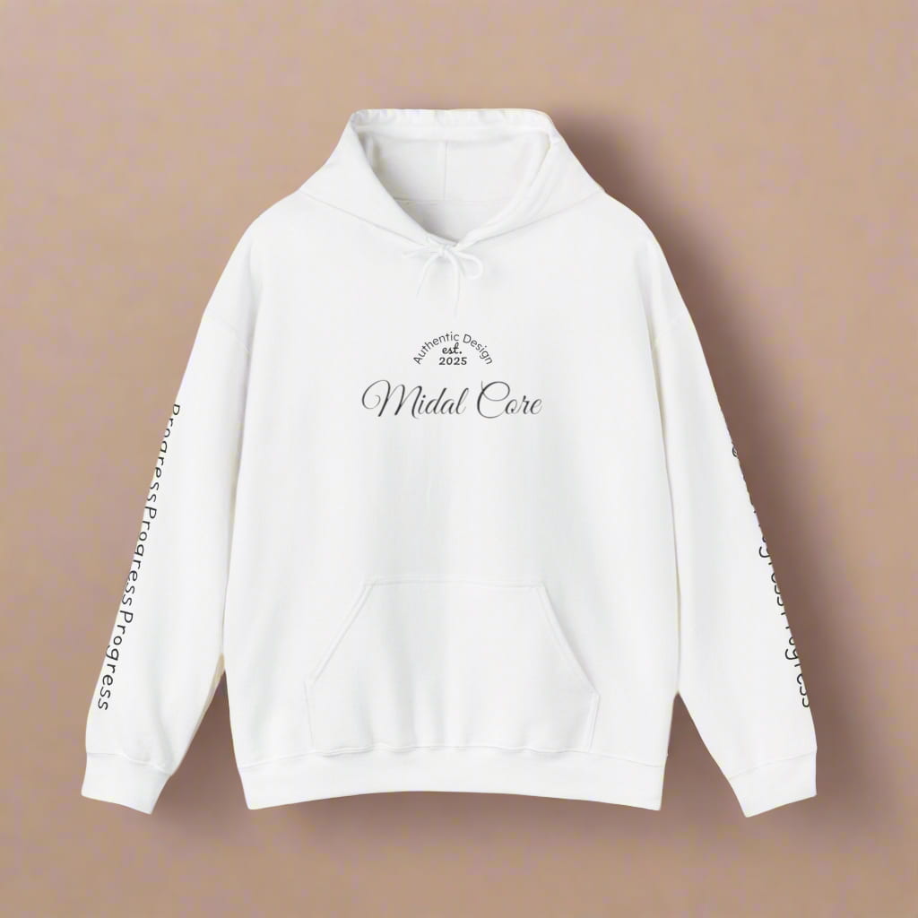 Front view of white Midal Core hoodie with “Progression” design