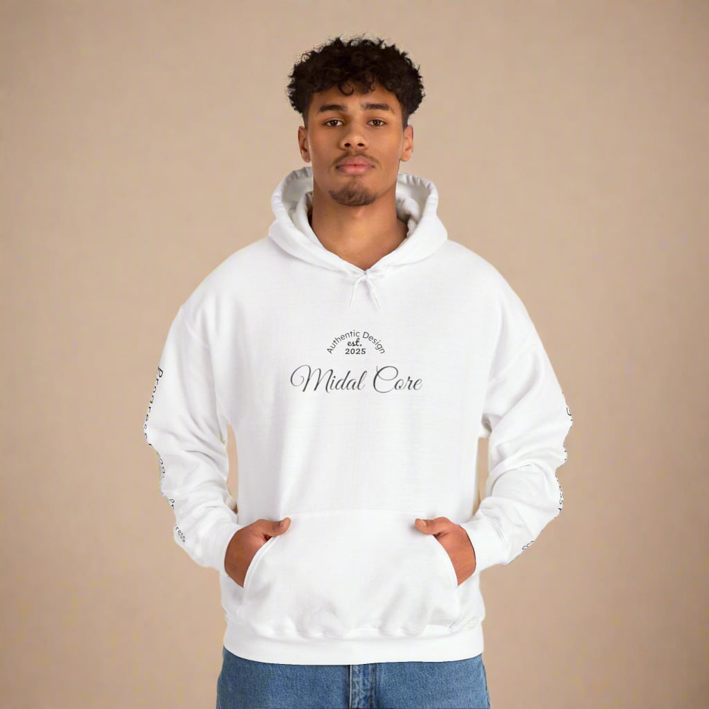 Male model in white Midal Core hoodie – front view
