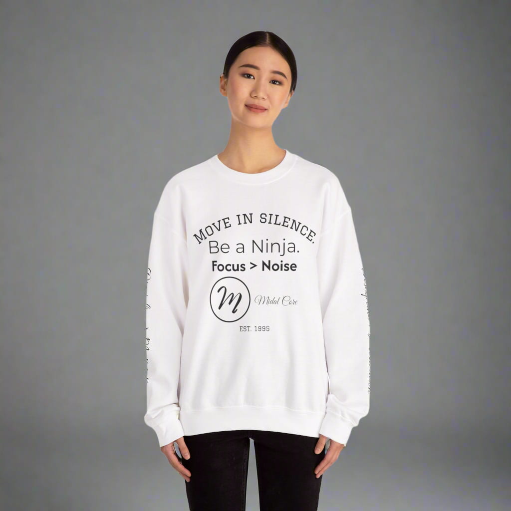 Back design of motivational white sweatshirt by Midal Core