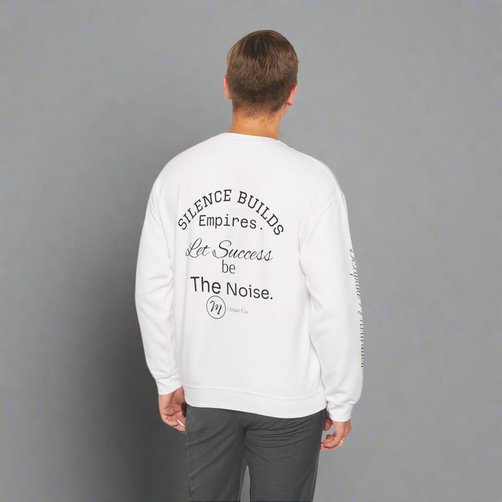front design of motivational white sweatshirt by Midal Core