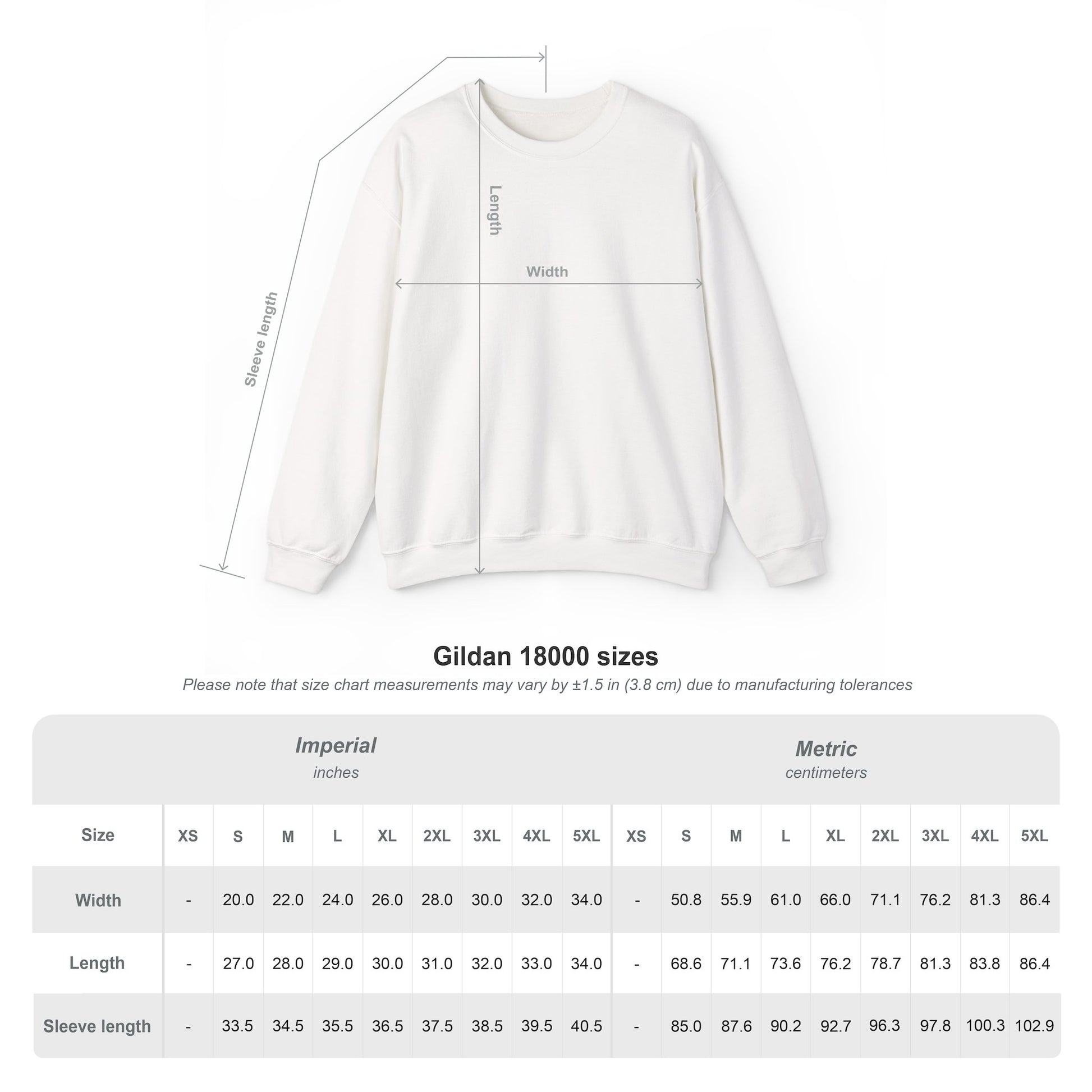 Size chart for Midal Core unisex sweatshirt – white version
