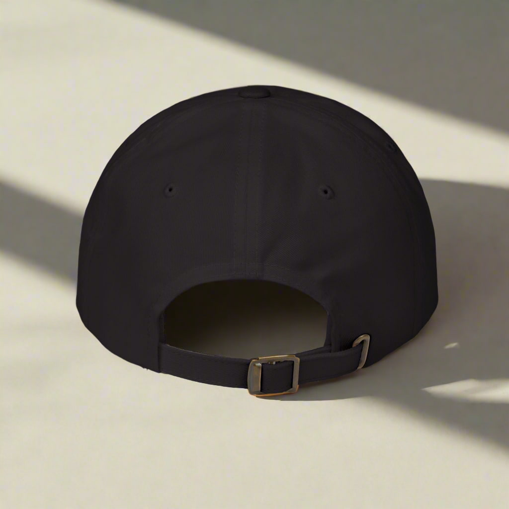 A motivational black dad cap made by midal core back view