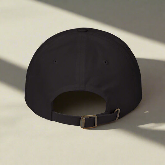 A motivational black dad cap made by midal core back view