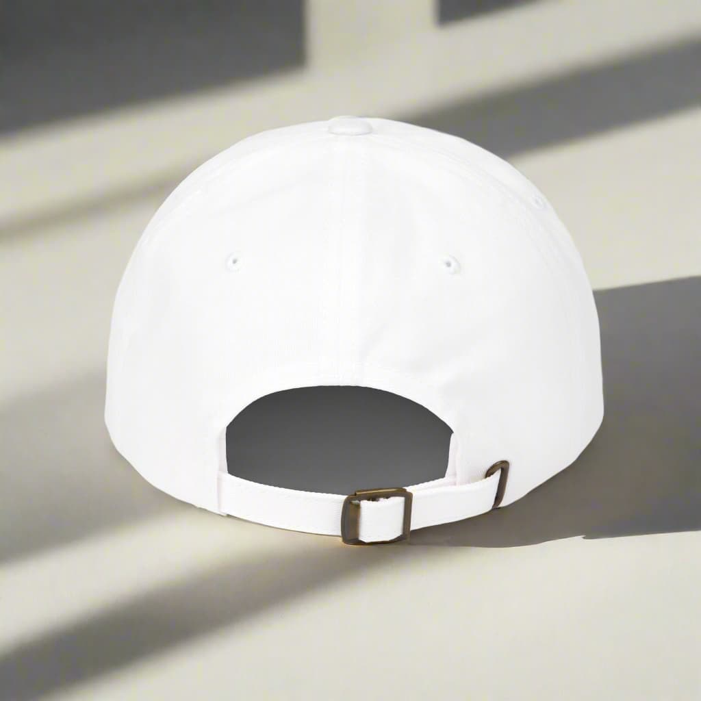 A motivational white dad cap made by midal core back view