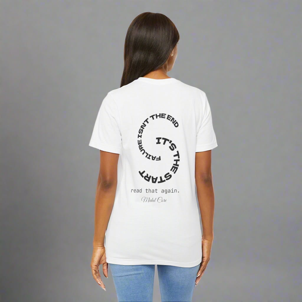 Back view of woman with white motivational shirt – Midalcore design