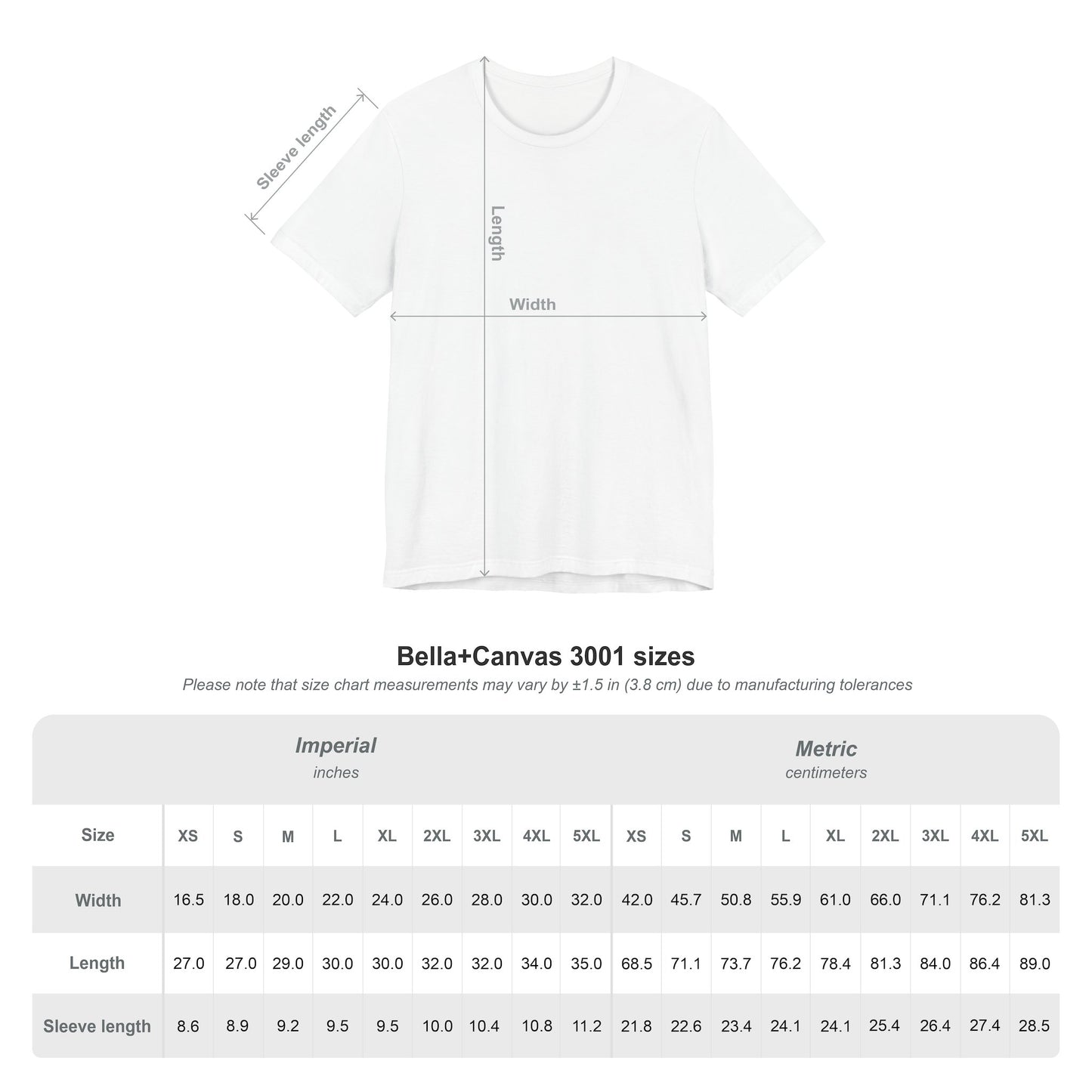 Size chart for motivational white t-shirt – Midalcore fit reference
