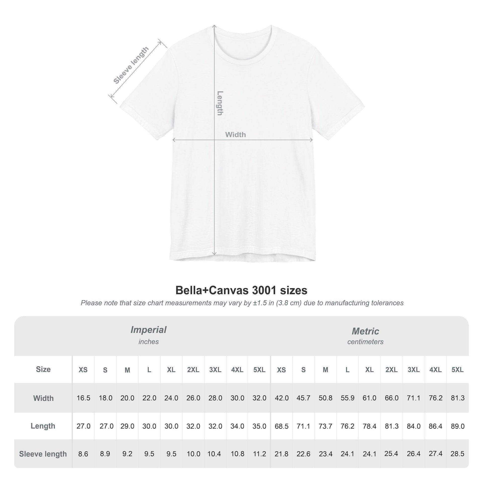 Size chart for motivational white t-shirt – Midalcore fit reference