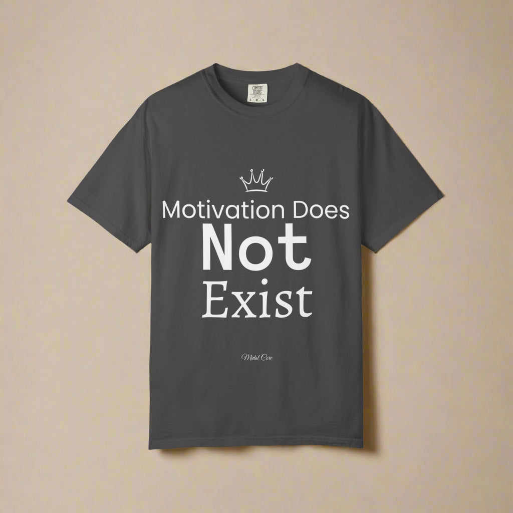 Graphite (Gray) "Motivation Does Not Exist" t-shirt folded on studio background